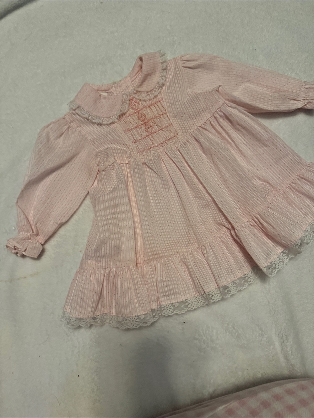 Girls' Pale Pink Lace-Trim Smocked Peasant Dress vintage